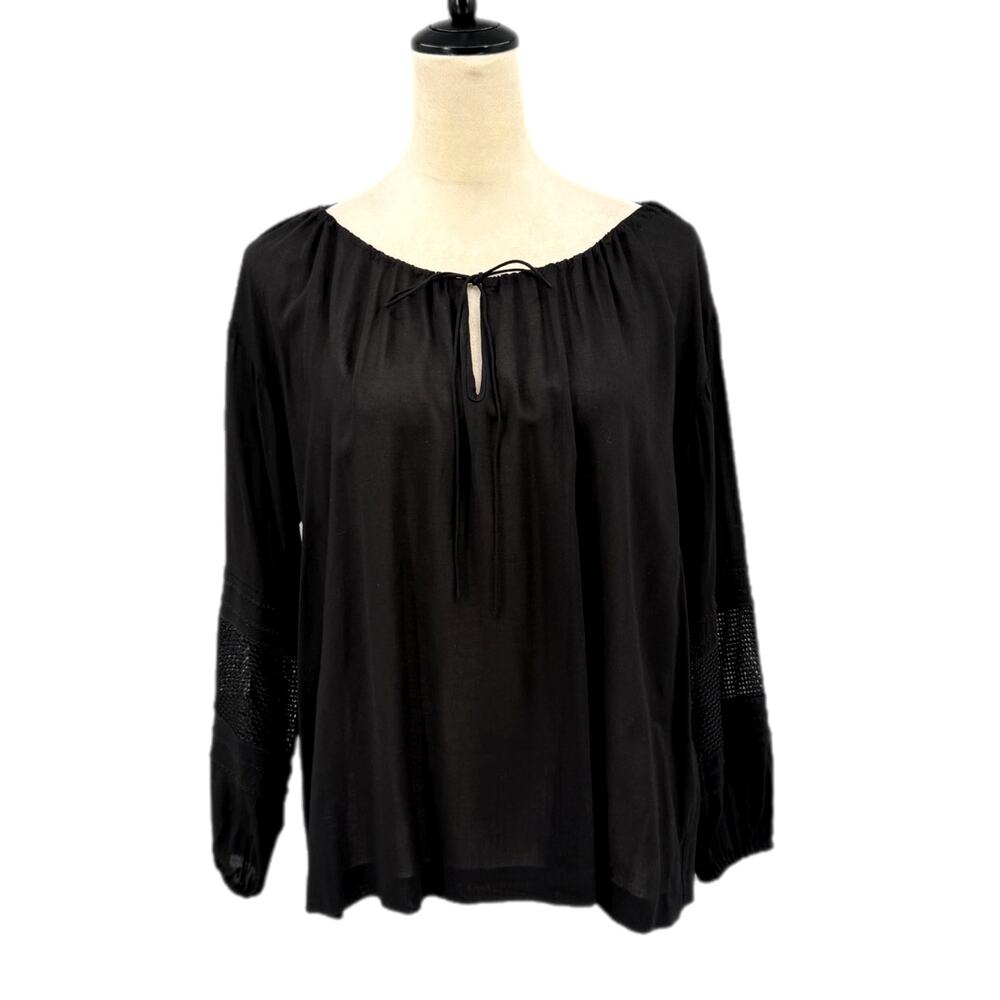 Vince Black Relaxed Necktie Crochet Long Sleeve Lightweight Peasant Top Blouse